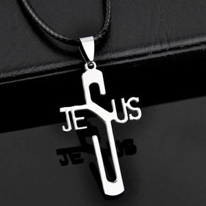 Collana con ciondolo a croce JESUS in acciaio lucido e cordino in pelle nera intrecciata