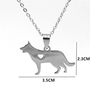 Stainless steel German Shepherd pendant necklace with heart cutout, 2.3cm x 3.5cm size
