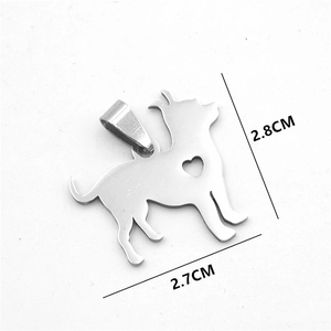Polished stainless steel dog pendant with heart cutout and 2.8cm x 2.7cm dimensions