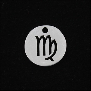 Polished stainless steel round pendant with engraved Virgo zodiac sign on black background