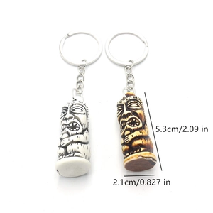 Detailed view of resin Tiki keychains with dimensions of 5.3cm height and 2.1cm width