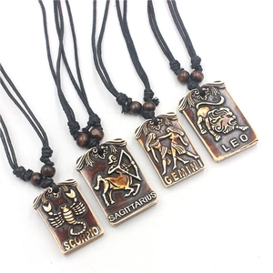 Vintage 12 Sterrenbeelden Reliëf Hanger Ketting Voor Vrouwen Mannen Retro Hars Beenachtig Constellatie Bedeltje Wax Touw Houten Kraal