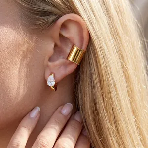 Stainless Steel Rhinestone Ear Cuff Hoop Earrings Set Gold Color Waterproof Hypoallergenic Non Piercing Jewelry For Women
