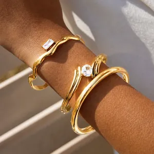 Stainless Steel Open Bangle Bracelet Gold Silver Plated Zircon Inlaid Geometric Hollow Out Rose Flower Waterproof Jewelry For Women