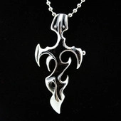 Gothic silver flame pendant with ball chain necklace detail on a dark background