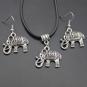 Vintage style elephant jewelry set with ethnic pattern necklace and hook earrings