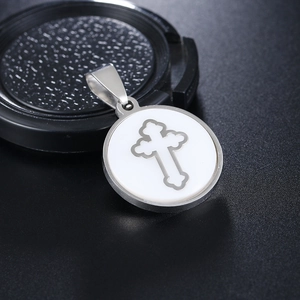 Polished stainless steel round pendant with shell inlay and Orthodox cross symbol