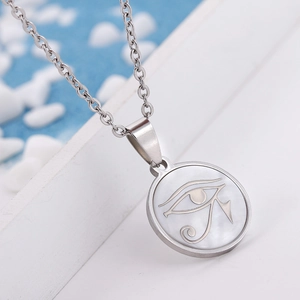 Silver stainless steel Horus eye pendant necklace with white shell inlay and O-chain