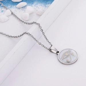 Macro shot of silver Eye of Horus pendant featuring white shell inlay on a steel chain