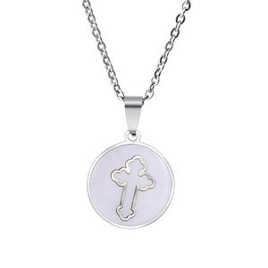 Polished stainless steel round shell cross pendant necklace with silver chain for women