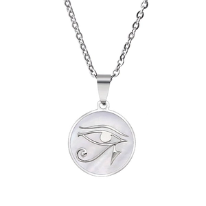 Silver stainless steel necklace with round shell Eye of Horus pendant on O-chain