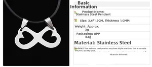 Macro detail of infinity and heart pendant in stainless steel with size measurements