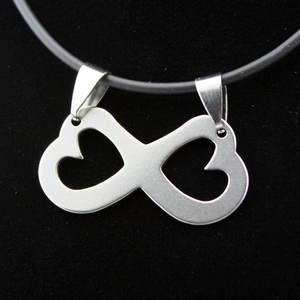 Polished stainless steel infinity double heart pendant on black cord necklace