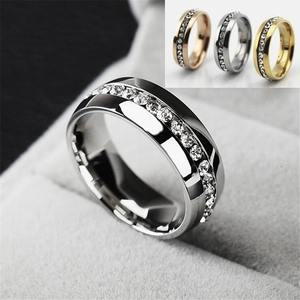Simple Fashion Stainless Steel Rhinestone Inlaid Ring Gold Silver Plated Single Row Eternity Band Finger Jewelry For Women