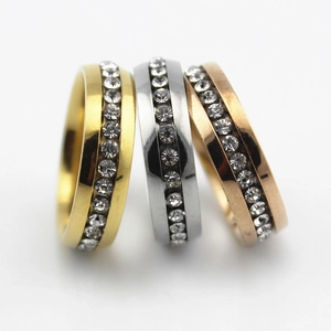 Detail view of three-tone stainless steel rings set in gold, silver, and rose gold finish