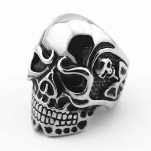 Macro detail of gothic punk skull ring featuring polished silver steel finish and carvings