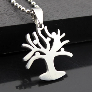 Stainless steel tree of life pendant necklace with silver bead chain on black display