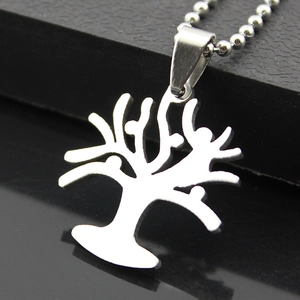 Polished stainless steel Tree of Life pendant with family figures on a metal bead chain