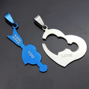 Matching stainless steel heart and arrow couple necklaces with Love You engraving