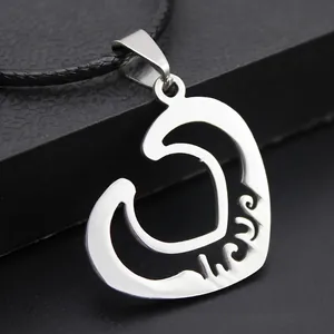 Minimalist stainless steel heart pendant necklace with black woven cord for couples
