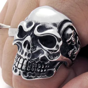 Punk style silver skull ring for men made of durable stainless steel on hand