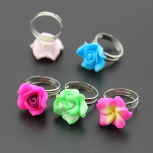 Kids Cartoon Flower Fruit Polymer Clay Adjustable Rings Alloy Metal Open Ring Jewelry For Girls Party Decorative Gift