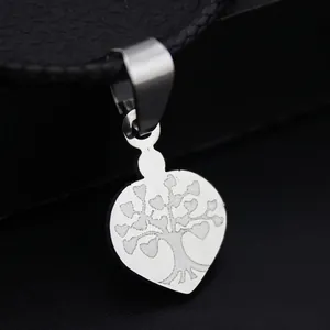 Stainless steel heart pendant with tree of life engraving on a black cord necklace