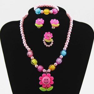 Set di gioielli per bambini con girasole rosa, collana di perline, bracciale e anello
