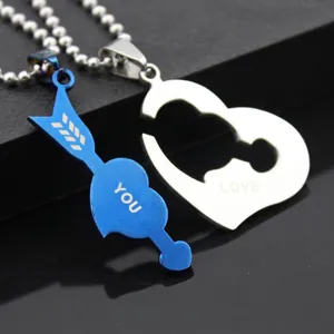 Polished stainless steel couple heart and arrow necklaces with LOVE YOU engraving