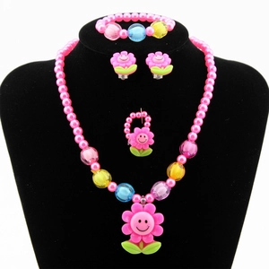 Set gioielli per bambini con collana di perle girasole rosa, bracciale, anello e clip