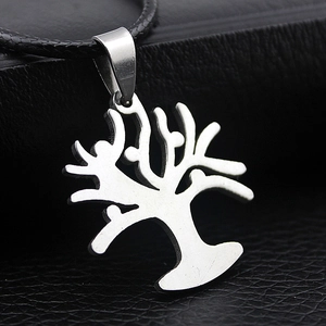 Polished stainless steel Tree of Life pendant necklace with a black braided leather cord