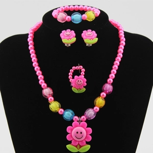 Set Gioielli Bambini Girasole Cartone Animato Resina Perle Artificiali Collana Bracciale Anello Orecchini per Bambina Regalo