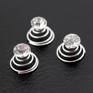 Three-piece set of silver spiral hair pins with sparkling clear rhinestone crystal tops