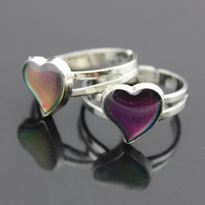 Adjustable heart-shaped temperature color changing ring with silver-tone double hollow band