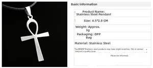 Detailed size chart showing silver Ankh cross pendant with measurements 4.5 by 2.8 cm