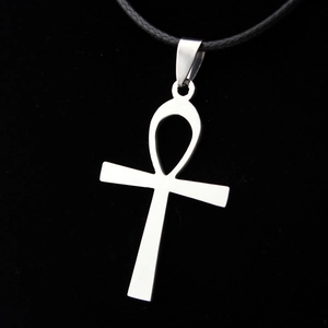Polished stainless steel Egyptian Ankh cross pendant on a black braided leather cord