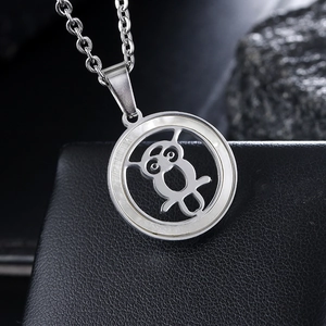 Stainless Steel Owl Pendant Necklace Round Shell Inlay Hollow Out Animal Design For Women Men Jewelry Gift Silver Color