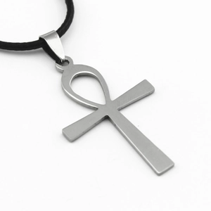 Silver stainless steel Ankh cross necklace with black leather rope on white background