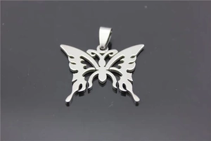 Detailed view of hollow butterfly pendant in matte silver stainless steel on black background