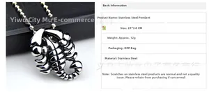 Spécifications détaillées de la taille du pendentif scorpion en acier inoxydable 2,1x3,0 cm