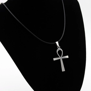 Ancient Egyptian Ankh cross pendant necklace in silver stainless steel with black cord