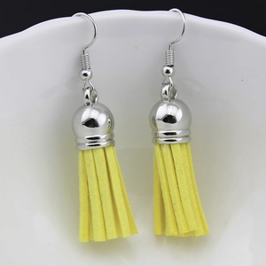 Bohemian style long lemon yellow velvet tassel earrings with silver fish hook hardware