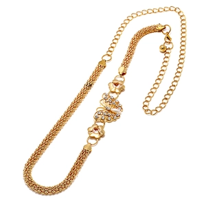 Golden butterfly waist chain with sparkling rhinestones and pearl on woven mesh belt