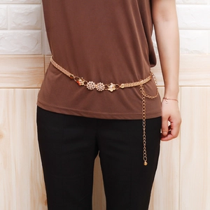Adjustable gold flower waist chain for women with sparkling rhinestones and ball charm