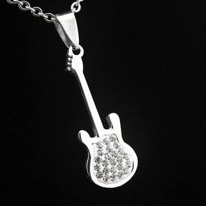 Stainless Steel Guitar Pendant Necklace With Shiny Rhinestones Rock Musical Instrument Style Pendant Jewelry For Music Lovers