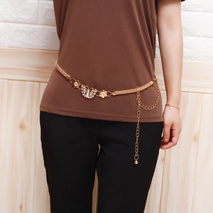 Golden butterfly and flower waist chain with rhinestones and adjustable beads on metal link belt