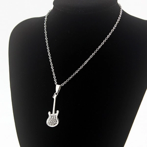 Polished stainless steel guitar necklace with sparkling pavé rhinestones on neck model