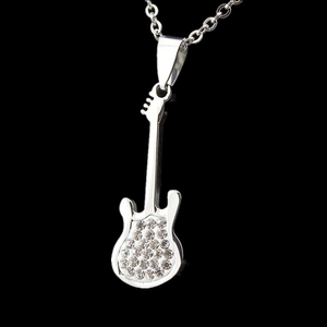 Polished stainless steel guitar pendant necklace featuring sparkling paved rhinestones