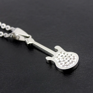 Polished silver stainless steel guitar pendant necklace with sparkling rhinestones