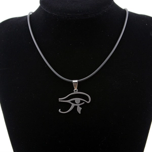 Stainless steel Eye of Horus pendant necklace displayed on a black velvet bust